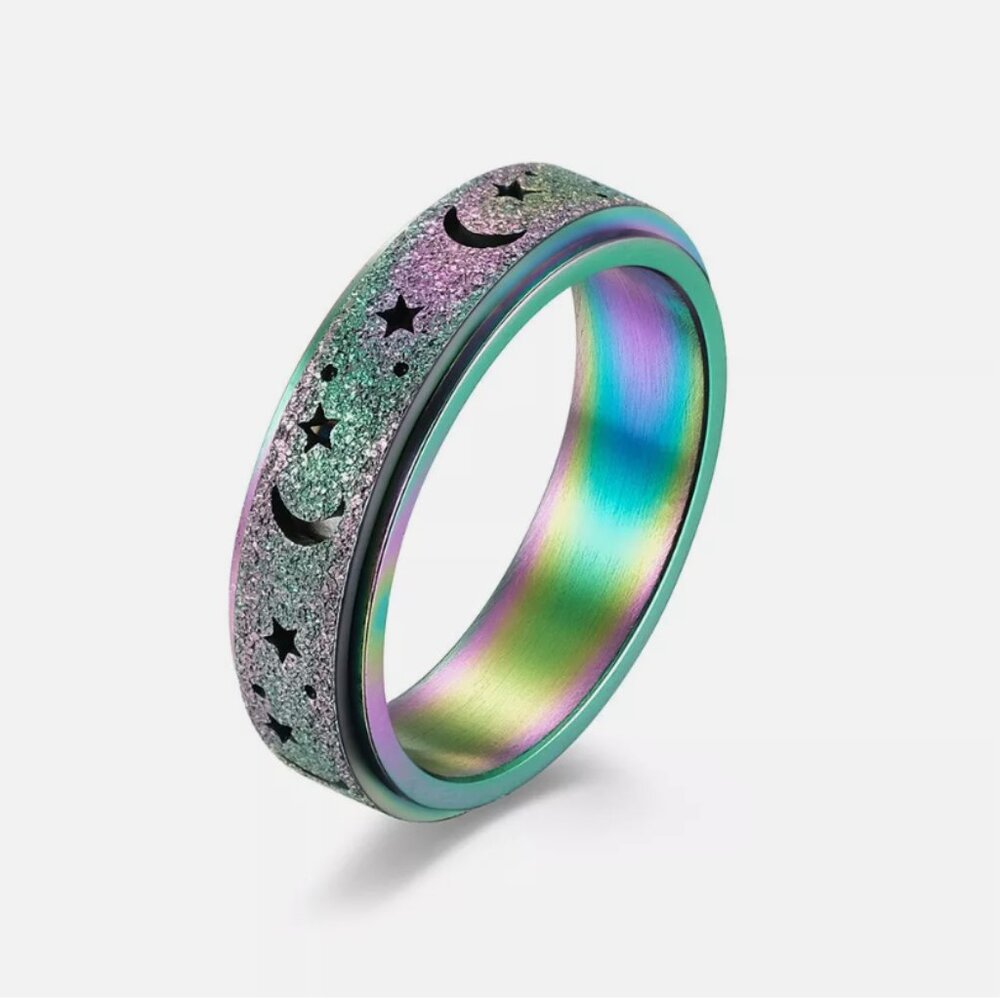 Size 9 Rainbow Women Rotatable Moon Star Sun Stainless Steel Ring Boho Jewelry